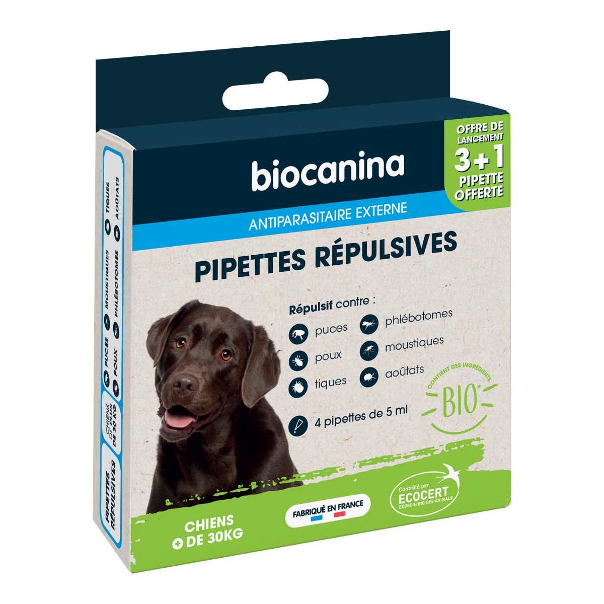 BIOCANINA ANTIPARASITAIRE EXTERNE PIPETTES REPULSIVES BIO CHIENS DE PLUS DE 30KG 3 PIPETTES 1 OFFERTE