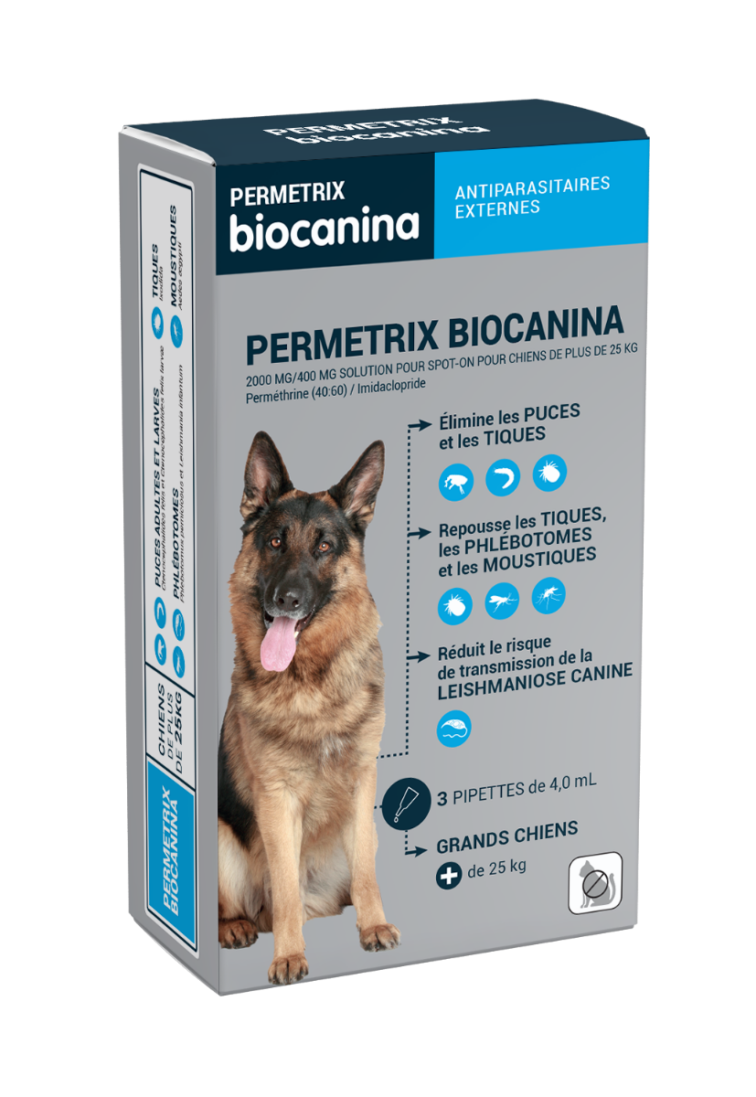BIOCANINA PERMETRIX TRAITEMENT PUCES TIQUES GRANDS CHIENS 3 PIPETTES DE 4ML