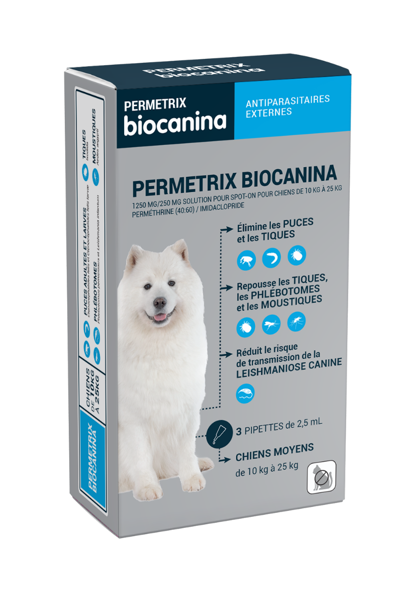 BIOCANINA PERMETRIX TRAITEMENT PUCES TIQUES MOYENS CHIENS 3 PIPETTES DE 2 5ML