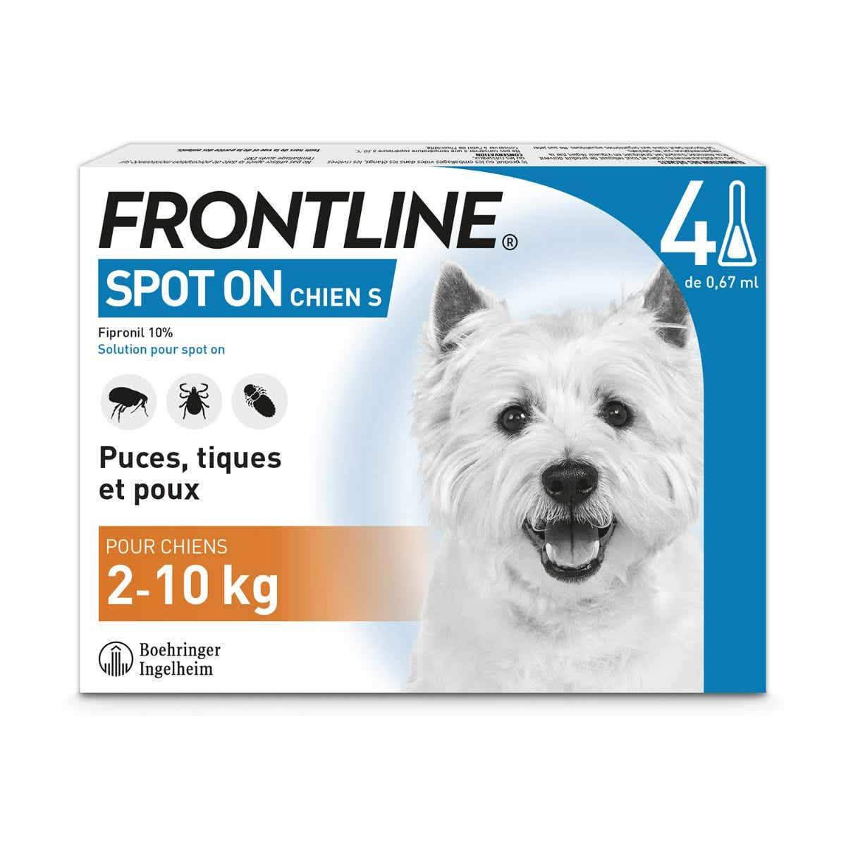 FRONTLINE SPOT ON CHIENS 2 A 10KG 4 PIPETTES DE 067ML
