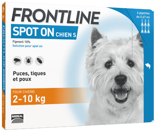 FRONTLINE SPOT ON CHIENS 2 A 10KG 6 PIPETTES DE 067ML
