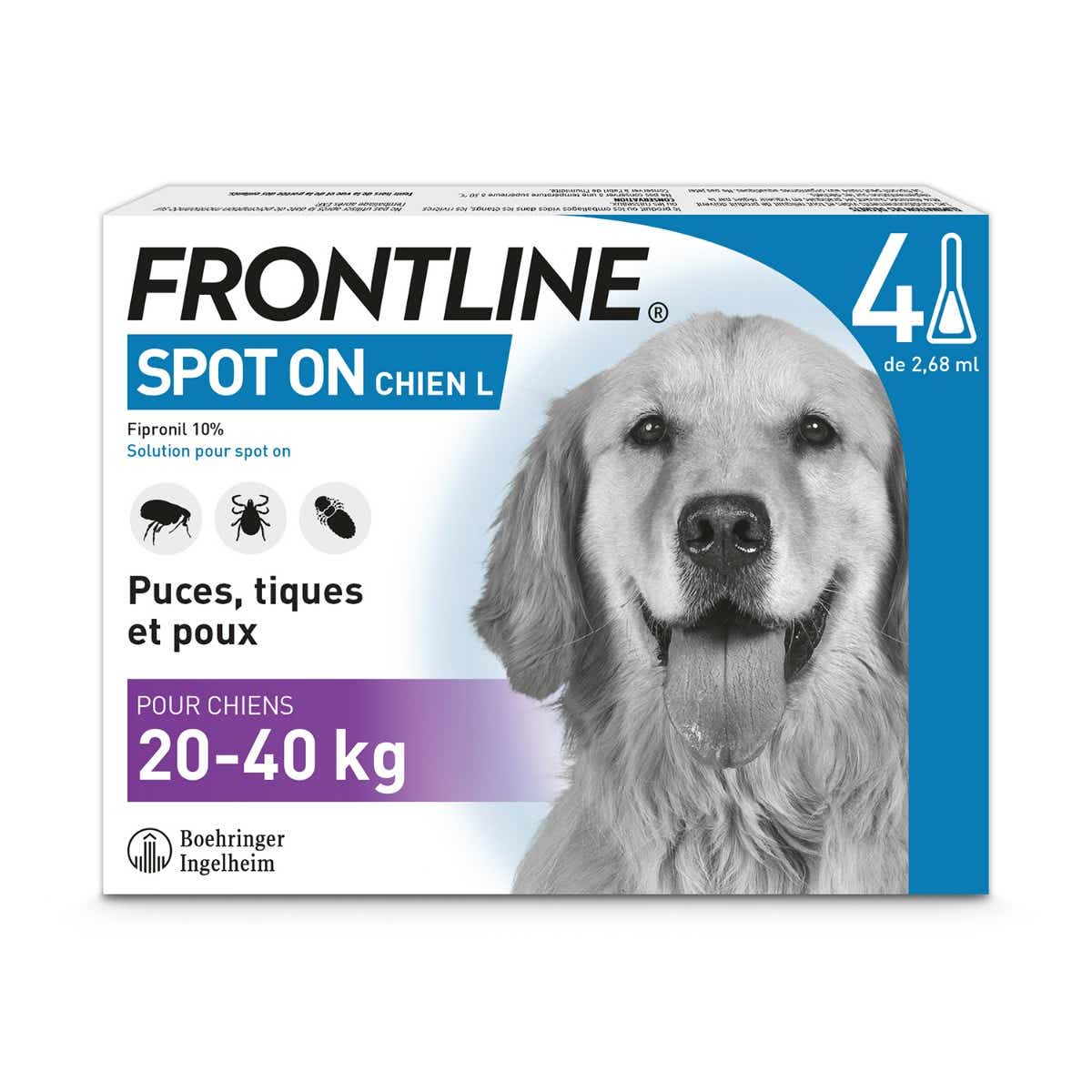 FRONTLINE SPOT ON CHIENS 20 A 40KG 4 PIPETTES DE 268ML