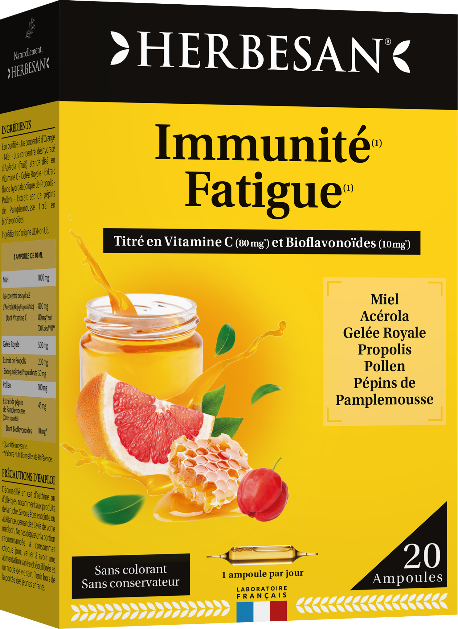 HERBESAN MIEL GELEE ROYALE ACEROLA POLLEN PAMPLEMOUSSE PROPOLIS 20 AMPOULES DE 15ML