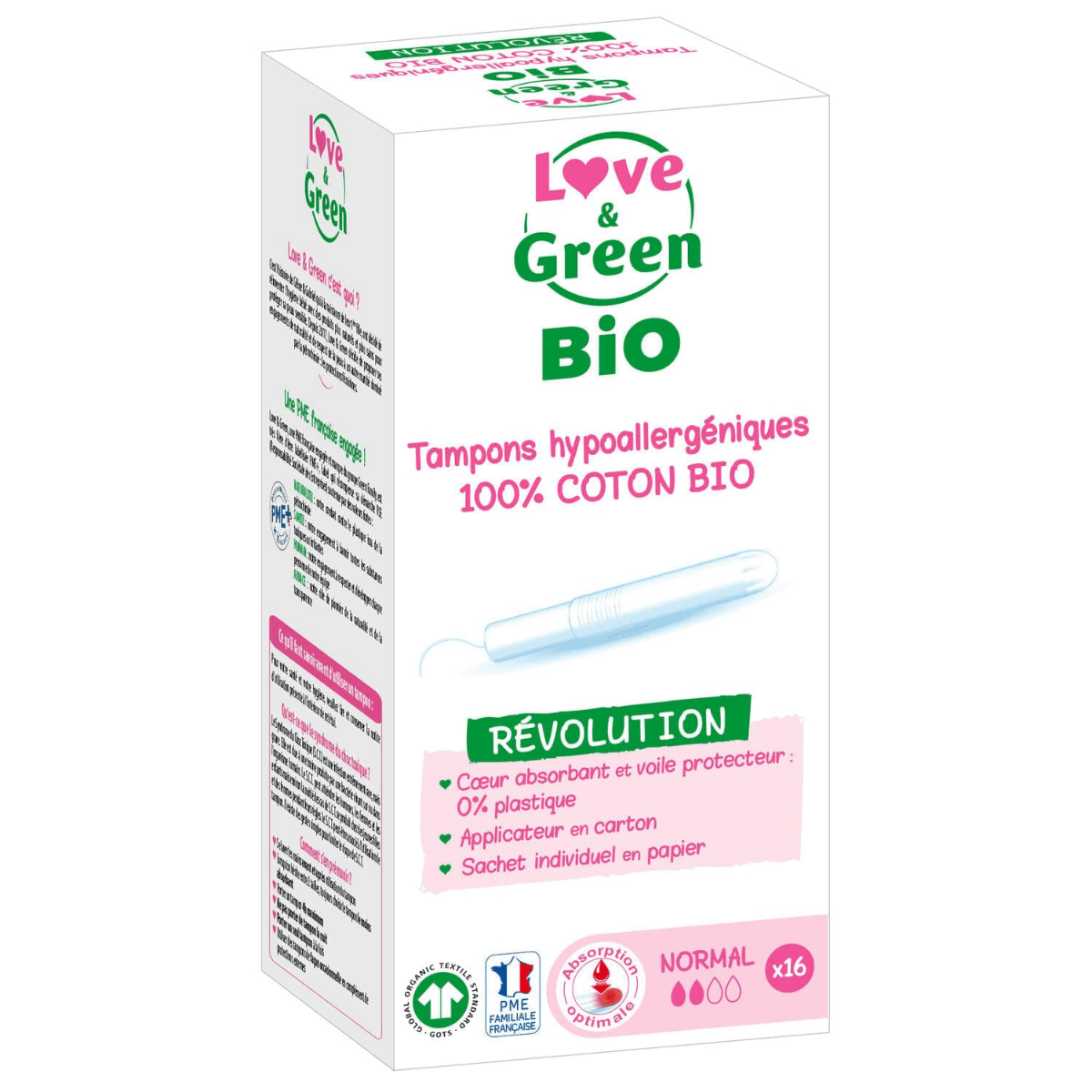 LOVE AND GREEN TAMPONS HYPOALLERGENIQUES 100 COTON BIO AVEC APPLICATEUR 16 TAMPONS