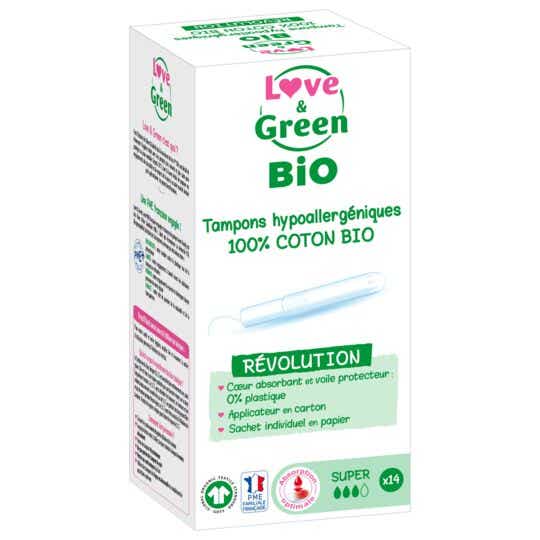 LOVE AND GREEN TAMPONS SUPER HYPOALLERGENIQUES 100 COTON BIO AVEC APPLICATEUR 14 TAMPONS