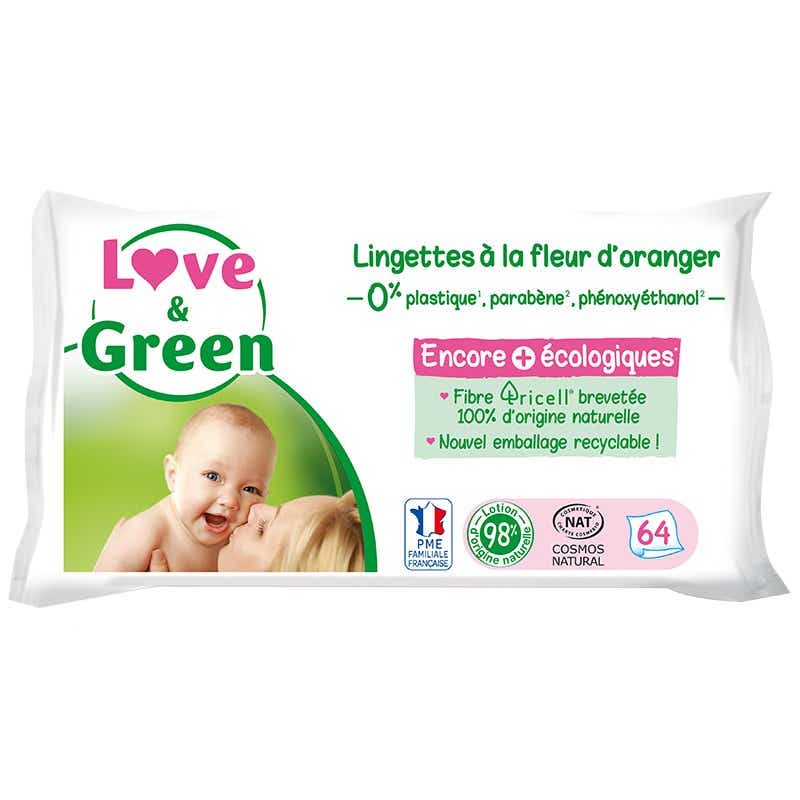 LOVE GREEN LINGETTES HYPOALLERGENIQUES A LA FLEUR D ORANGER BIO 64 UNITES