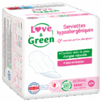 LOVE GREEN SERVIETTES HYGIENIQUES HYPOALLERGENIQUES ANTI IRRITATION NORMAL 14 UNITES
