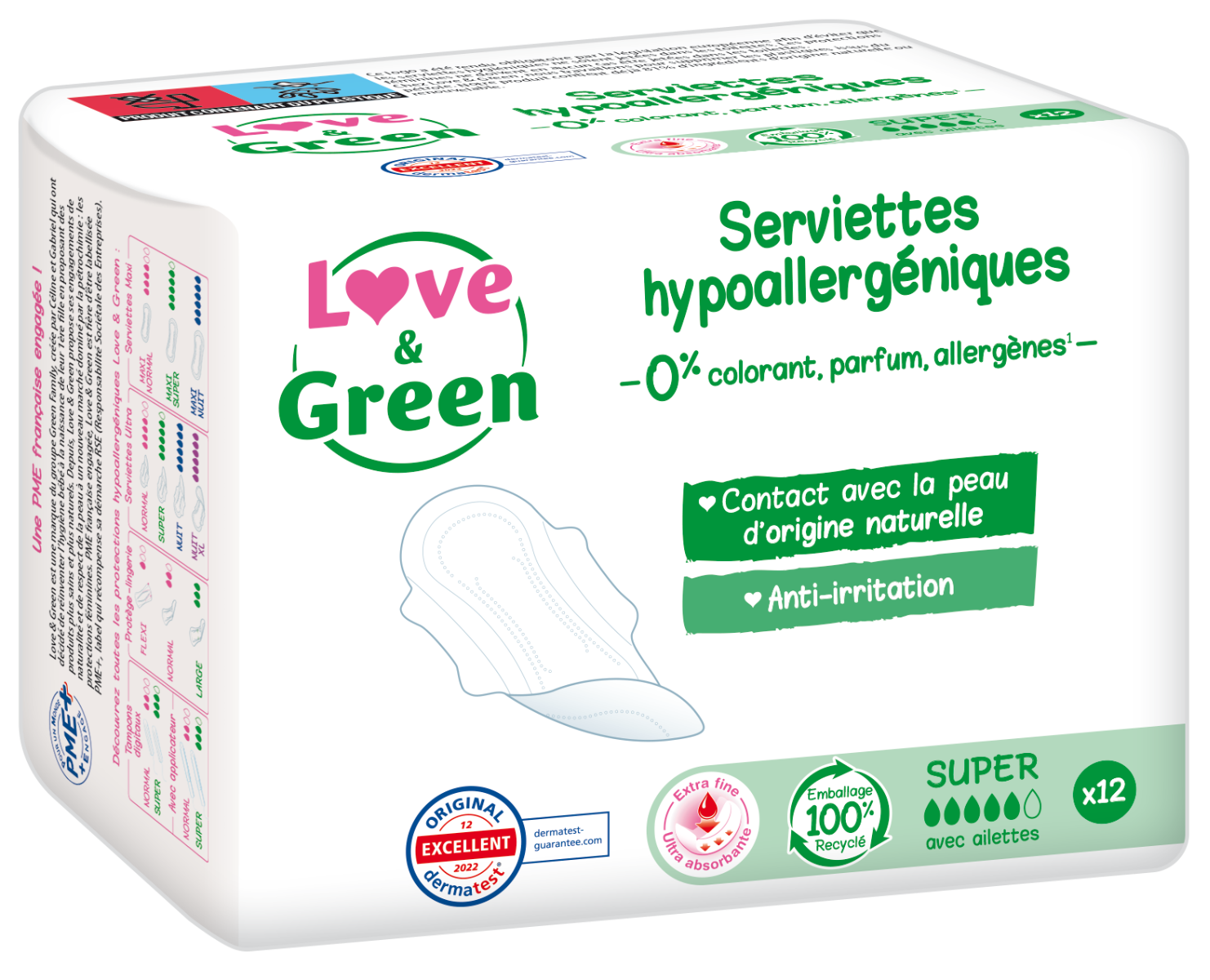 LOVE GREEN SERVIETTES HYGIENIQUES HYPOALLERGENIQUES ANTI IRRITATION SUPER 12 UNITES