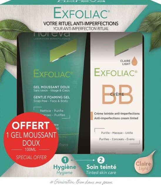 NOREVA EXFOLIAC COFFRET BB CREME CLAIRE 30ML GEL MOUSSANT DOUX 100ML