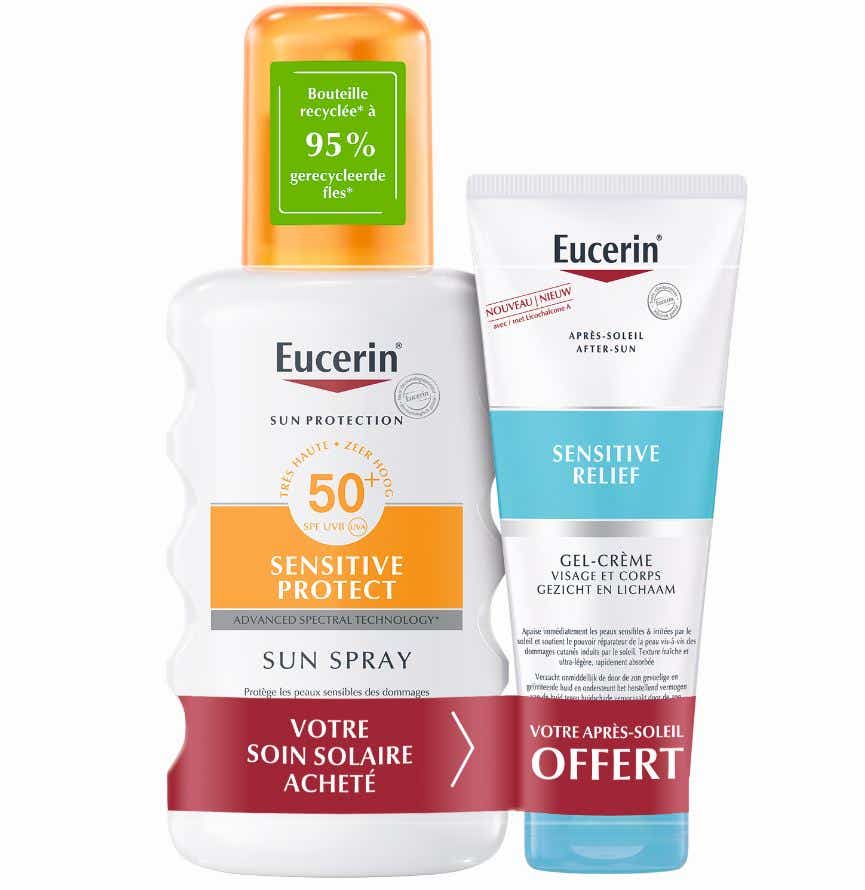 SUN PROTECTION SENSITIVE PROTECT SUN SPRAY SPF50 PEAUX SENSIBLES 200ML APRES SOLEIL SENSITIVE RELIEF 50ML OFFERT