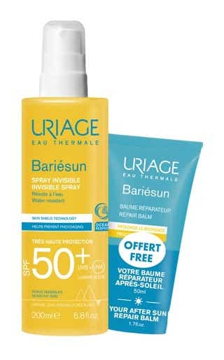 URIAGE BARIESUN SPRAY SOLAIRE INVISIBLE SPF50 VISAGE ET CORPS PEAUX SENSIBLES 200 ML BAUME APRES SOLEIL REPARATEUR VISAGE ET CORPS PEAUX ECHAUFFEES 50ML OFFERT