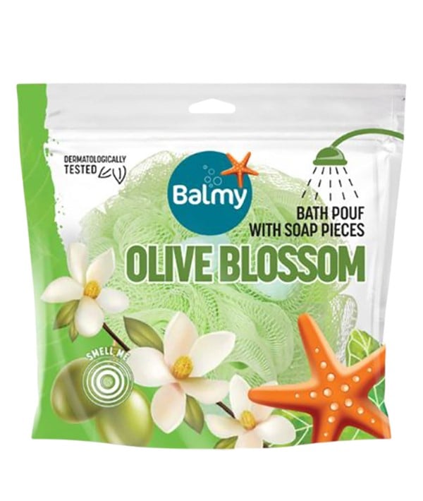 POUF DE BAIN AVEC DES MORCEAUX DE SAVON À LA FLEUR D'OLIVIER 