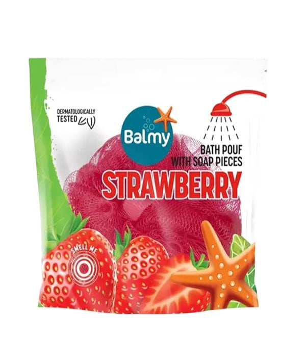 POUF DE BAIN AVEC DES MORCEAUX DE SAVON À LA FRAISE