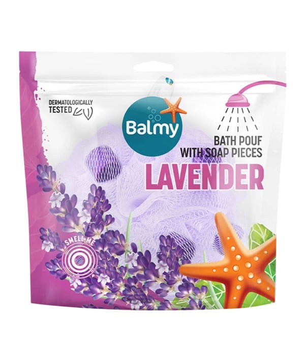 POUF DE BAIN AVEC DES PIÈCES DE SAVON À LA LAVANDE
